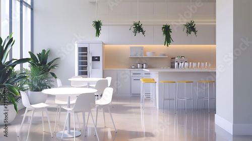 Modern minimalist office interior design featuring minimalist breakroom amenities