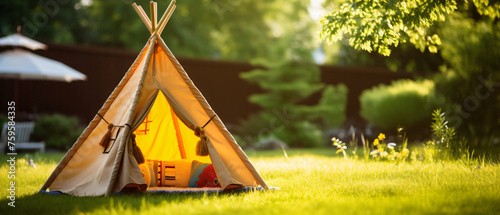 Children wigwam tent or teepee tent on the green grass
