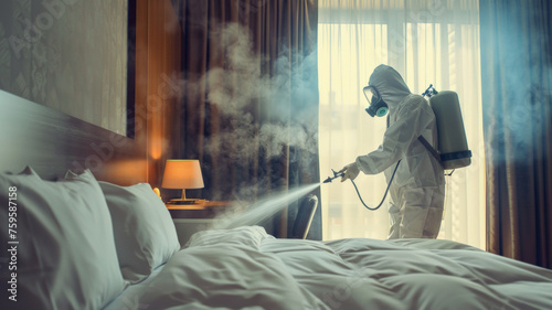 Person in hazmat suit fogging a bedroom to disinfect from pathogens.