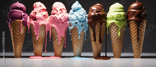 Colored chocolate ice cream cone lies melted ..