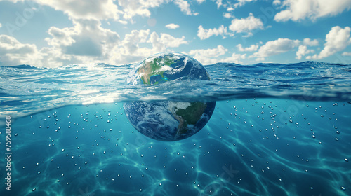 Earth floating in the pure water or sea. Water saves the earth and the world concept. save pure water. Global warming. Water day. 