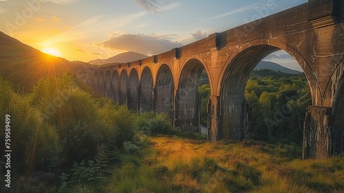 a lon old stone bridge stands as a railroad track with the natural beauty of the mountains.