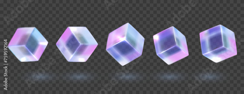 3d crystal glass holographic cube set. Glossy iridescent geometric shapes. Crystal glass element. Overlay dispersion light