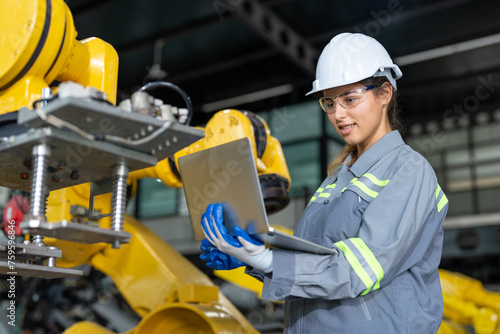 Engineer woman using laptop checking robot arms machine at assembly robotic factory. Female technician in uniform with helmet safety working in automated manufacturing industry