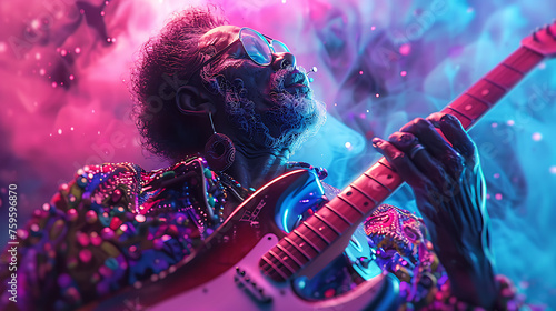 Extravagant Cool Funky Old Singer Playing the Guitar, Retro Musician Performing on Stage, Vintage Rock and Roll Concert, Musical Performance Concept, Generative AI