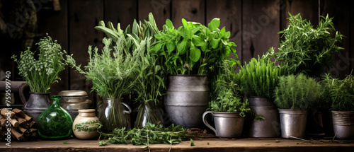 Fresh herbs. Melissa rosemary and mint in rustic setti