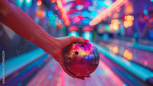 Female Hand Holding Bowling Ball Before Throwing, Woman Bowler Ready for Action, Sports and Recreation Concept, Bowling Alley Competition, Athletic Leisure Activity, Generative AI