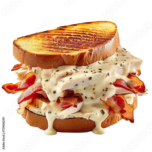 front view of delectable Kentucky Hot Brown Sandwich with turkey, bacon, and Mornay sauce on toasted bread, food photography style isolated on a white Transparent background