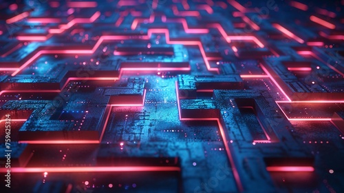 An intricate neon lit maze, symbolizing network defense, technology concept