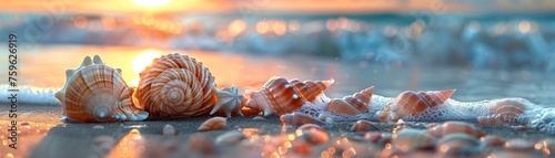 Close up seashells in sunlight or sunset on the beach