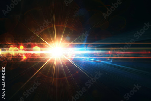 Abstract sun burst, digital flare, iridescent glare, lens flare effects over black background for overlay designs