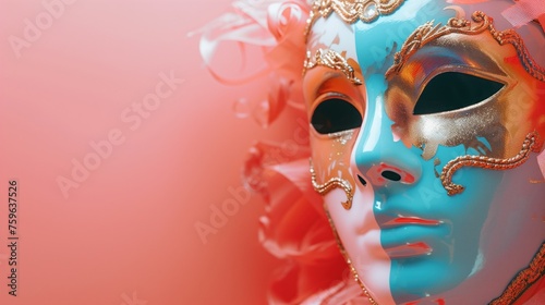 A red and turquoise venetian masquerade mask on a red background. Suitable for a header with room for text.