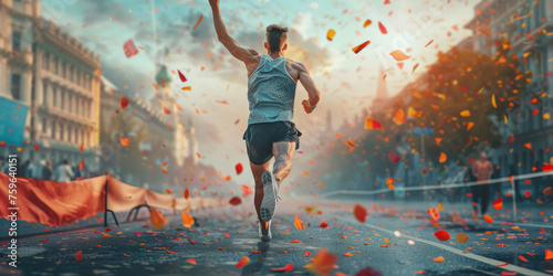 A dynamic and vibrant image capturing the triumphant moment of a marathon runner enjoying victory amidst a flurry of confetti on a city street