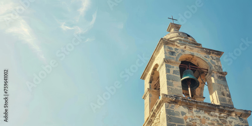 Bell Tower Against Blue Sky background with copy space. Orthodox bell tower of a traditional church with cross on top. Bell ringing, the work of the bell ringer.