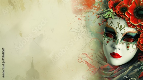 A red, green and white venetian masquerade mask on a vintage background. Suitable for a header with room for text.