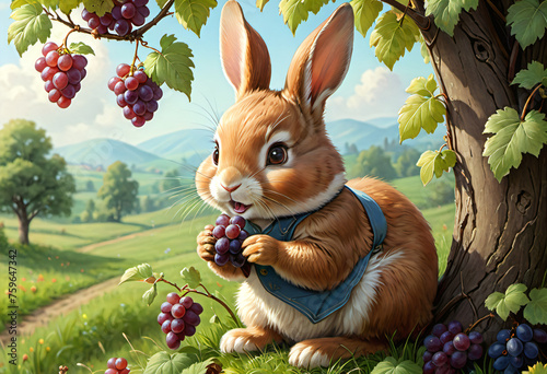 A rabbit holding a basket of grapes in the forest