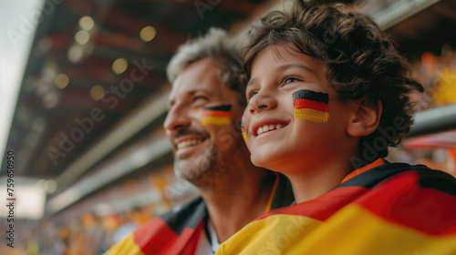 Portrait of happy father and son with flag of Germany on stadium background. Concept of 2024 UEFA European Football Championship