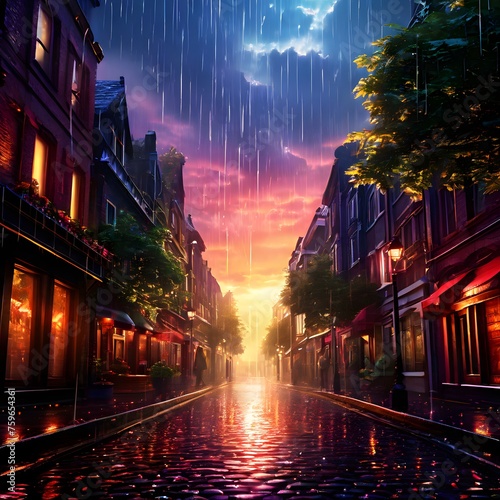  Write a scene where a sudden downpour of rainbow-colored rain transforms an ordinary street into a magical realm, influencing the lives of those who encounter it.