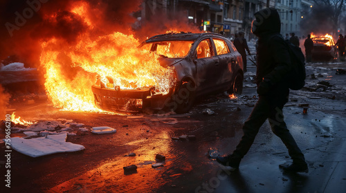 Urban chaos with multiple vehicles ablaze in street riot. Vivid flames and smoke set against dimming light create striking visual impact. Ideal for content related to civil unrest or conflict.