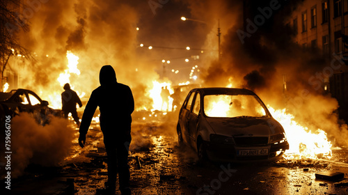 Street riot - night of turmoil, vehicles ablaze under glow of streetlights. Silhouettes of people amid chaos add haunting human element. Ideal for conveying stories of night-time riots and conflicts.