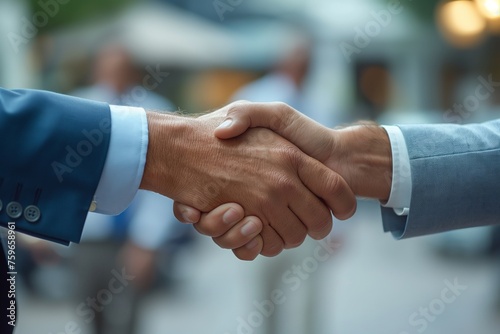 Two businessmen shaking hands firmly against a blurred, lively background
