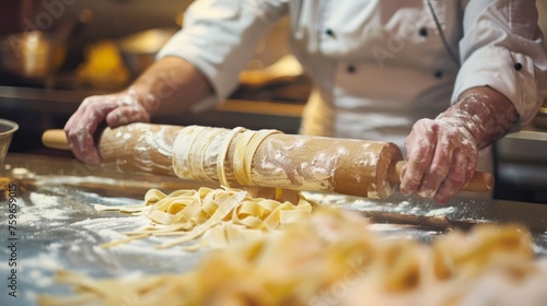 chef stende le sfoglie di pasta fresca con il mattarello