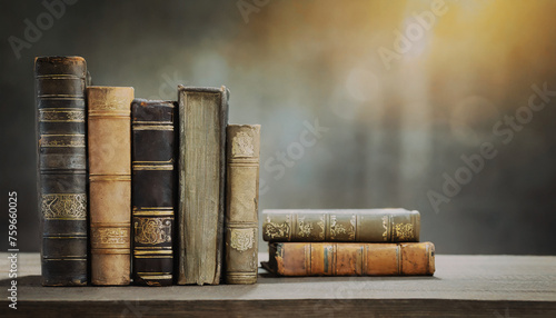 illustrazione con antichi libri logori dall'uso su ripiano con sfondo indefinito