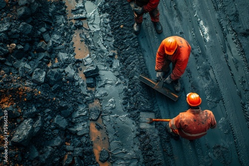 A crew of workers lays tarmac on a wet, boggy road, showcasing teamwork and hard labor