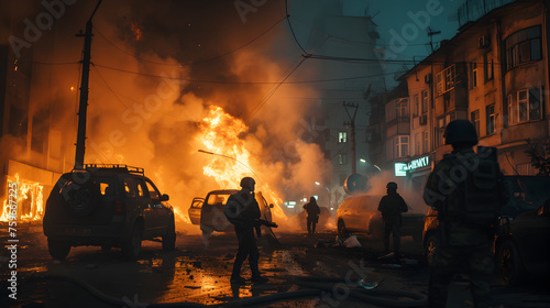 documentary photo of revolutionary riots and protests. burning building and cars in the city. special force police with equipment catching protesters in the night