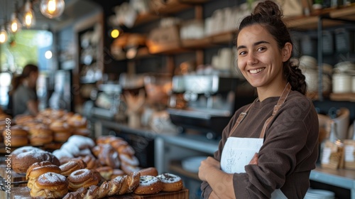 A female baker and entrepreneur, the owner of a startup small business, is pictured at the counter of her bakery