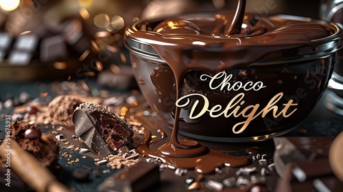 A full frame melting chocolate scattering all over with text banner choco delight whirling and space, Generative AI.