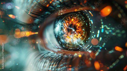 A macro view of a human eye with virtual holographic projections surrounding it, illustrating the future of surveillance technology and digital ID verification. 8K.