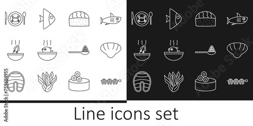 Set line Grilled fish steak, Scallop sea shell, Sushi, Puffer soup, Soup with octopus, Served crab on plate, Caviar spoon and Fish icon. Vector