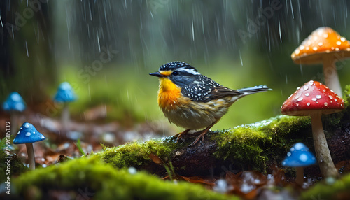 A small colorful bird sits in the rain in a fairytale forest with fly agarics and moss