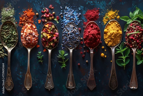 Different assortment of spices powder on stone background generated with Ai.