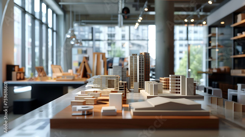 Modern Architecture Firm with Architectural models and samples displayed throughout the office for inspiration.