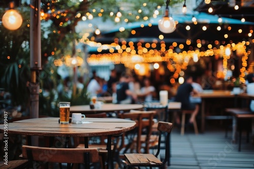 An outdoor bar and restaurant with people in the blurred background.