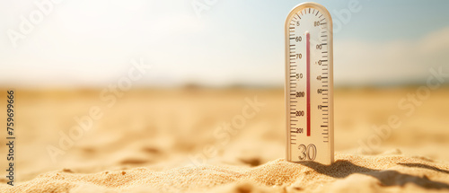 Close up temperature thermometer with high temperature plug on sand on sunny day, Heat stroke.