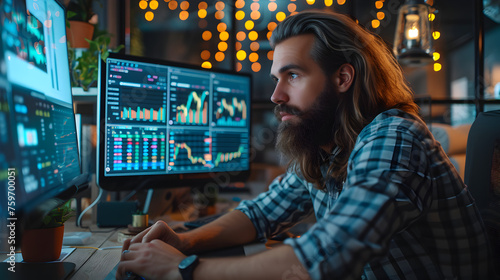 Handsome long-haired bearded manager working at a desk in creative office, using desktop computer with a Stock Market graphs dashboard