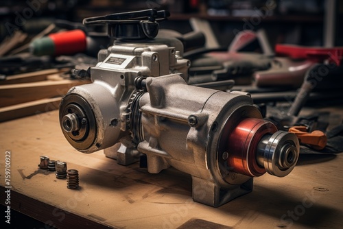 Detailed Look at a Starter Motor Placed on an Antique Wooden Table in a Mechanic's Garage