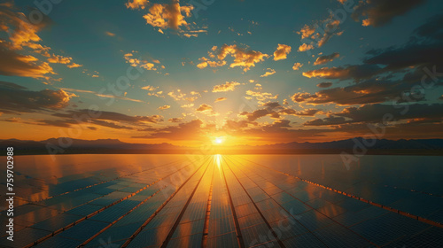A breathtaking sunset over a vast solar panel farm with vibrant orange and blue skies reflecting on the panels amidst a picturesque mountain backdrop.