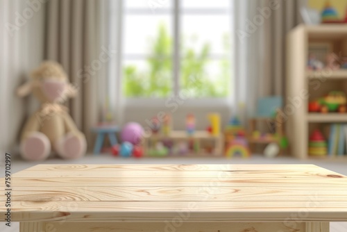 Empty wooden table desk over blurred of children room with kid toys interior background
