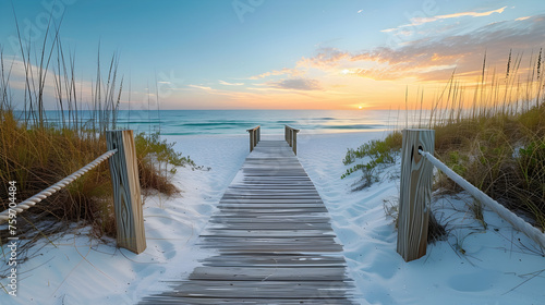 Long boardwalk leading to the white sand beach and ocean water at sunset with few shrubs on sides