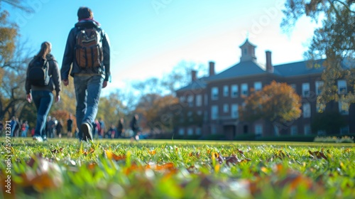 college student outdoors on a college oval on the grass looking with their parents taking a college tour.