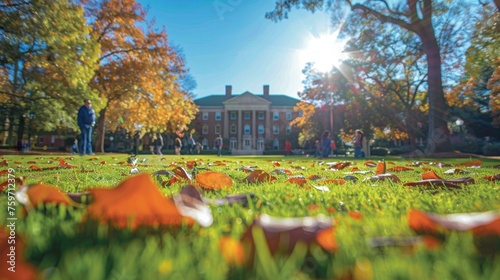 college student outdoors on a college oval on the grass looking with their parents taking a college tour.