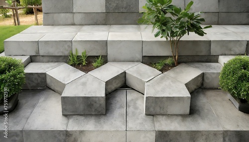 an elegant outdoor patio using decorative concrete blocks. The composition should incorporate intricate patterns and textures, creating a visually appealing and functional space for outdoor gatherings