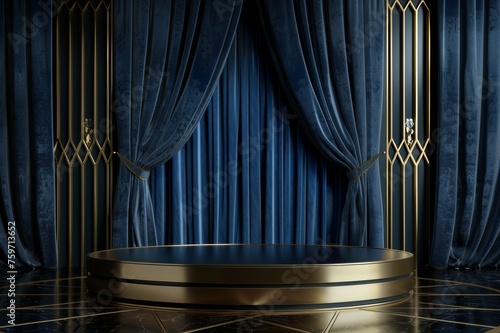 Brass stand With a backdrop of luxurious blue velvet curtains, it is ideal for displaying premium products.