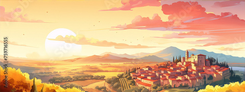 Small village in Tuscany, Italy. Sunset over the valley. Digital painting.
