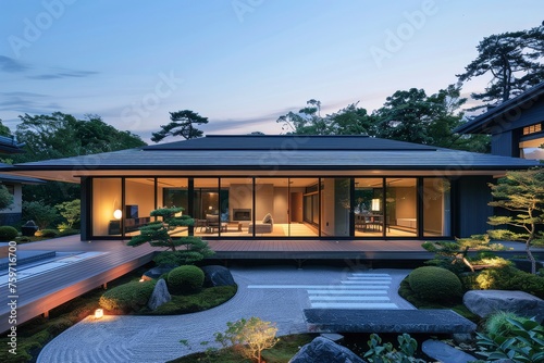 A traditional Japanese house with sliding doors and a tiled roof stands gracefully lit amidst a serene garden as evening falls. generative ai 