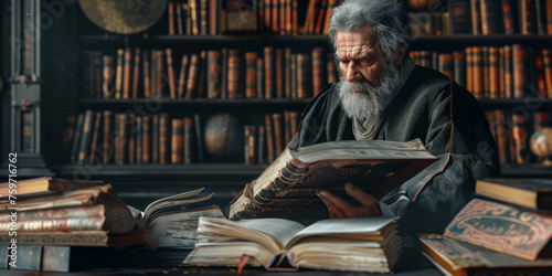 An aged man reads ancient tomes in a classic library setting, evoking knowledge, history, and scholarly pursuits
